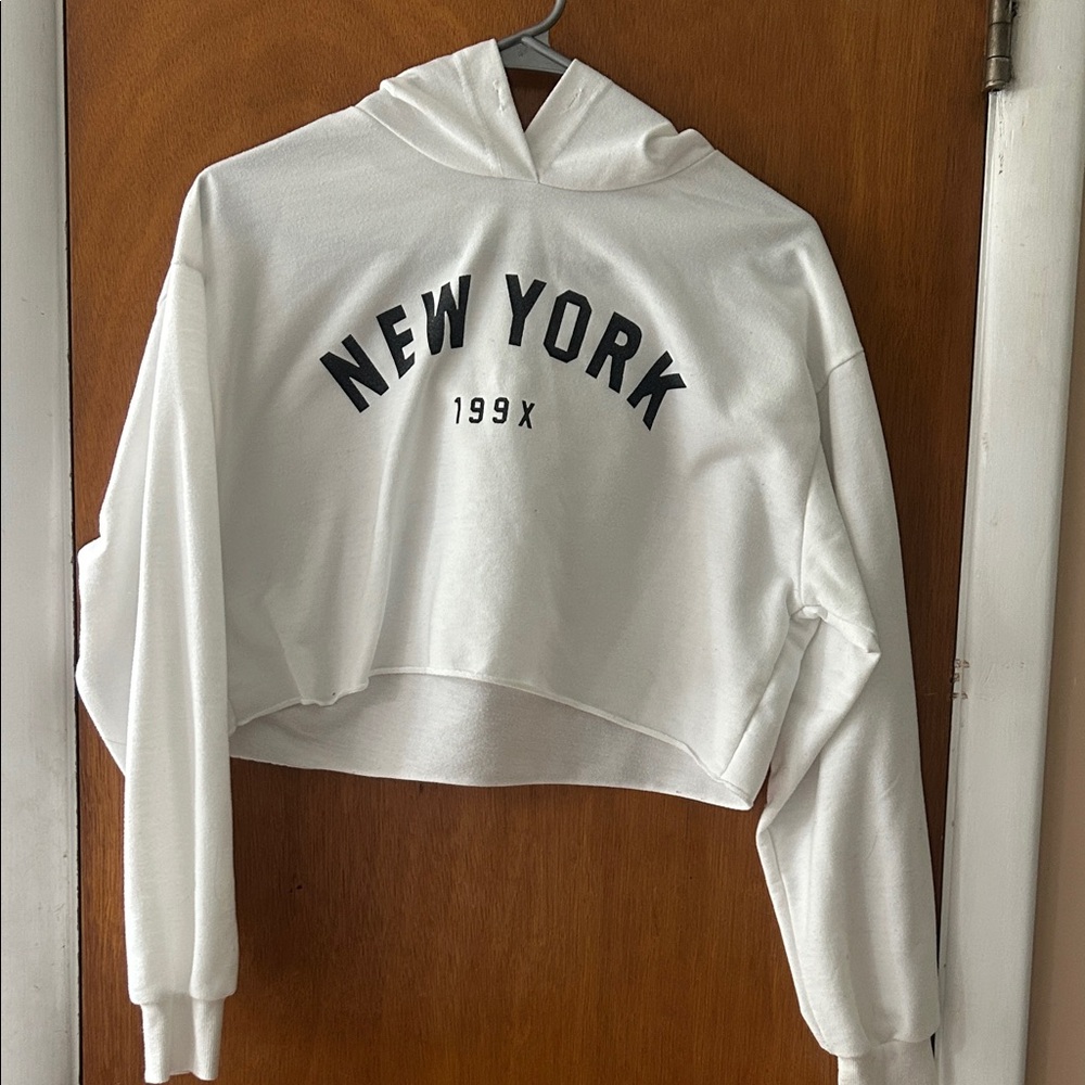 White "New York" Cropped Hoodie Sweatshirt